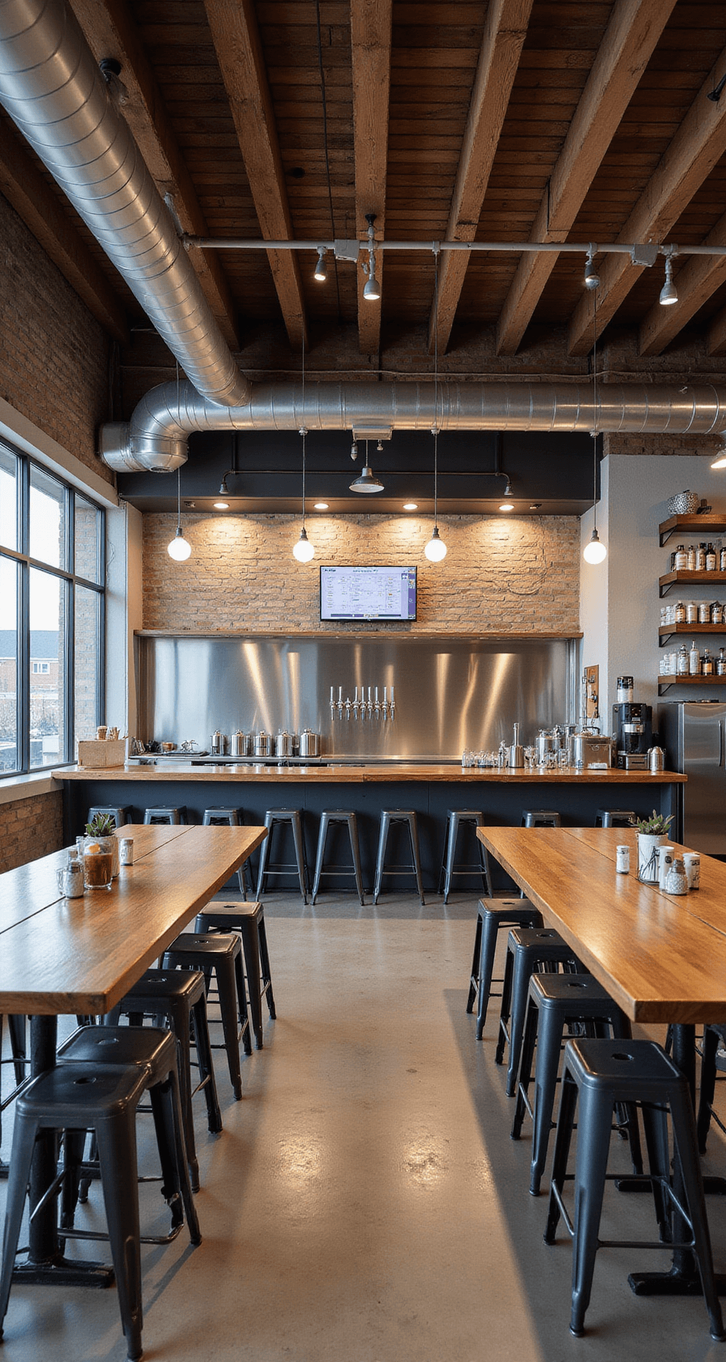 Basement Bar Ideas: Your Ultimate Guide to Creating a Showstopping Home Entertainer's Paradise Industrial-style brewery interior featuring a custom stainless steel brewing station behind a glass partition, a 12-tap draft system with a digital menu, reclaimed wood high-top tables, metal stools, and copper pipe lighting fixtures, captured from a high angle for clarity.