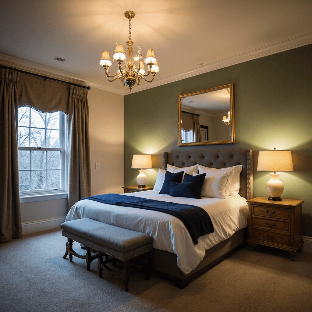 Guest Bedroom Ideas: Crafting the Ultimate Cozy Retreat Sophisticated guest suite with king bed, layered lighting including a dimmed chandelier and alabaster lamps, sage green accent wall, and a full-length gilt mirror reflecting warm light, captured at dusk.