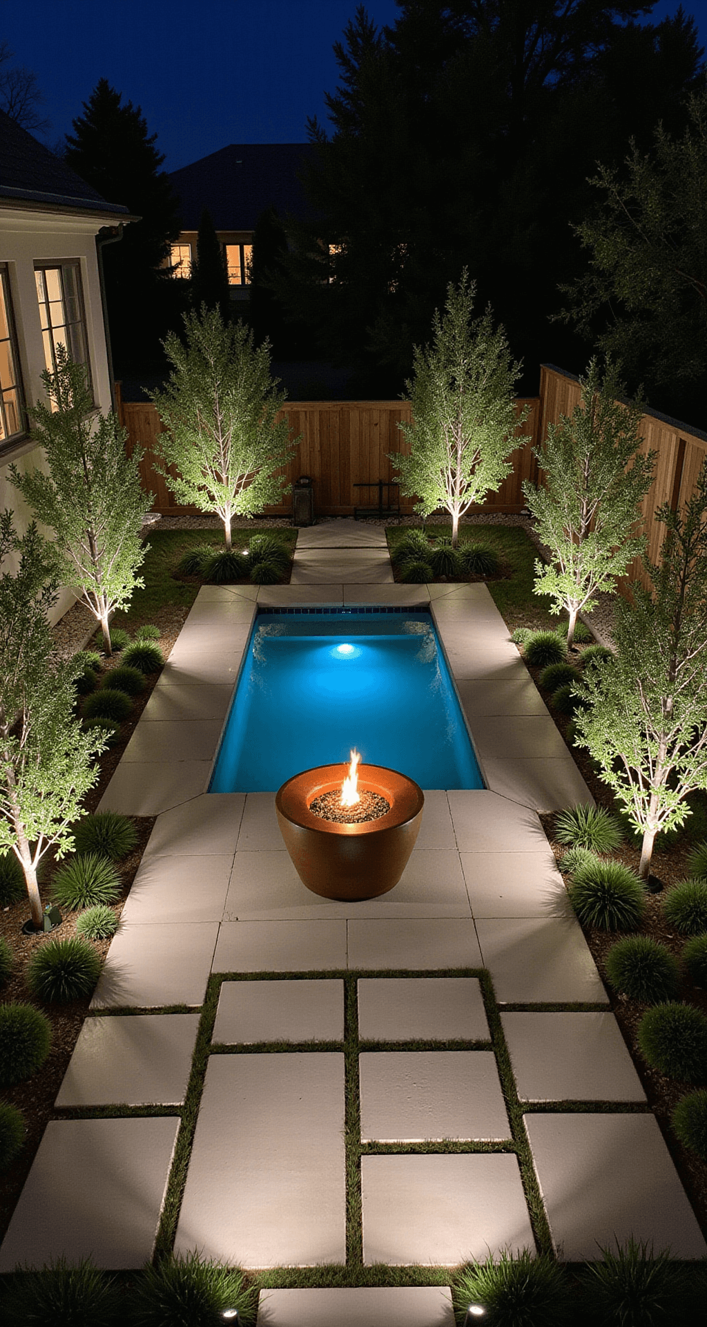 Magical Garden Lighting: Transform Your Outdoor Space After Dark Aerial view of a modern courtyard garden at night, featuring geometric concrete pavers, built-in LED strip lighting, a central illuminated corten steel water feature with blue lights, and four mature olive trees uplighted in each corner.