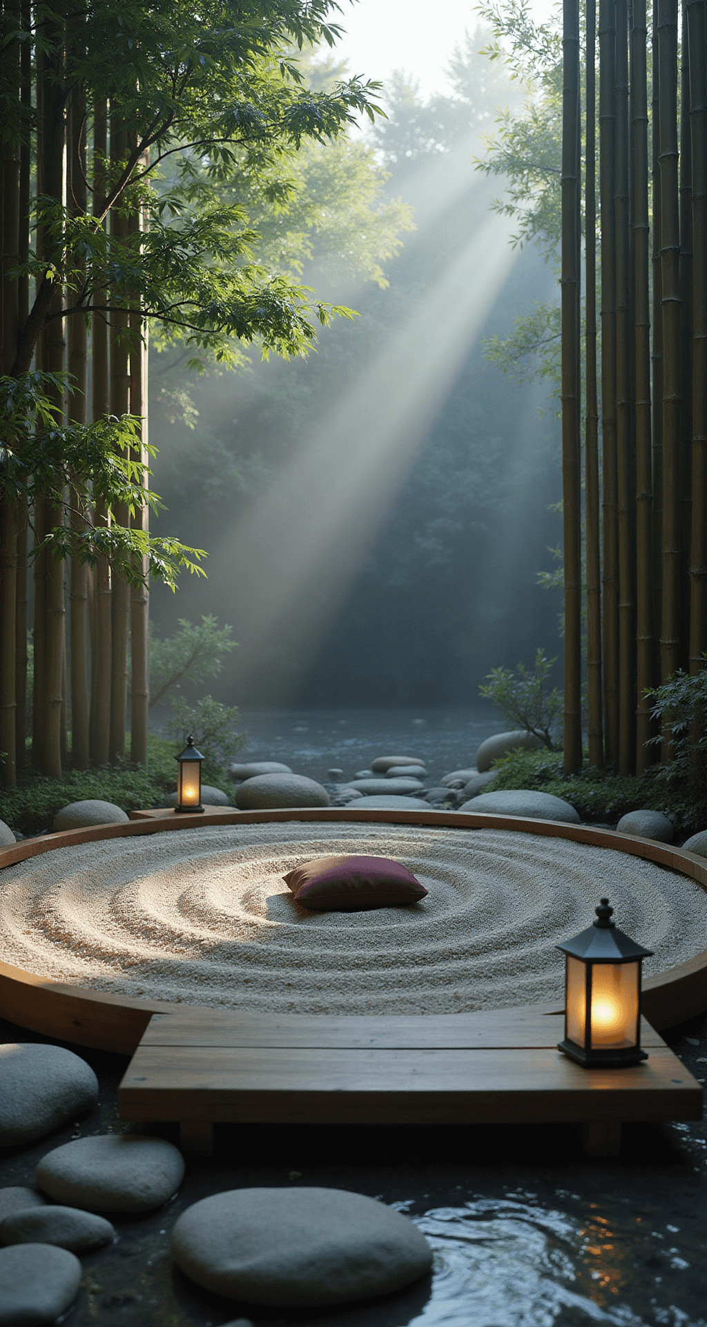 Garden Nook Ideas: Your Ultimate Guide to Creating a Personal Outdoor Sanctuary An intimate meditation sanctuary at dawn, featuring a circular zen garden with raked sand, a floating wooden platform holding a burgundy meditation cushion, tall bamboo screens, stone lanterns glowing softly, and smooth river stones, all illuminated by gentle morning light and mist.
