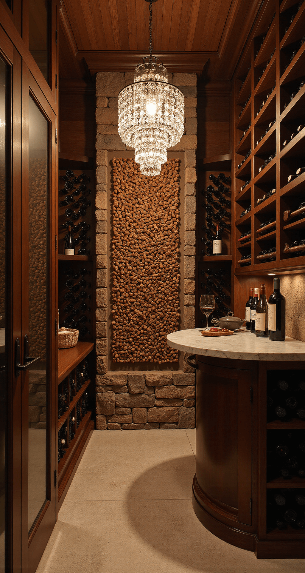 Basement Bar Ideas: Your Ultimate Guide to Creating a Showstopping Home Entertainer's Paradise A cozy wine cellar featuring floor-to-ceiling dark walnut wine racks, a stone accent wall, and a built-in tasting counter, illuminated by crystal pendant lighting overhead. A circular tasting table is centered in the room, with a decorative cork display on the wall, all captured at chest height to emphasize the wine collection in a romantic atmosphere.