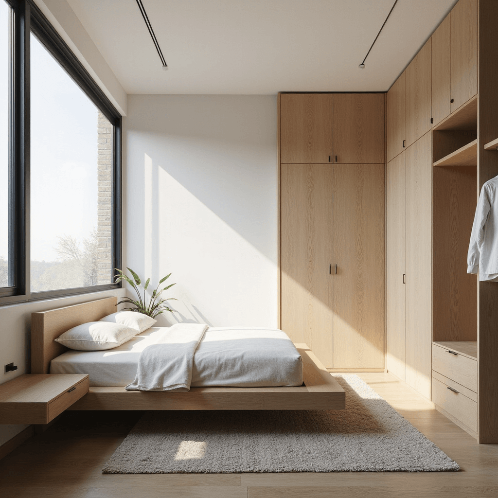 Guest Bedroom Ideas: Crafting the Ultimate Cozy Retreat A minimalist guest room with a platform bed in bleached oak, floating nightstands, and a monochromatic warm white and cream color scheme, accented by black metal window frames. Features custom sliding panel storage solutions and is illuminated by natural and soft box lighting, showcasing the spacious layout from an elevated angle.