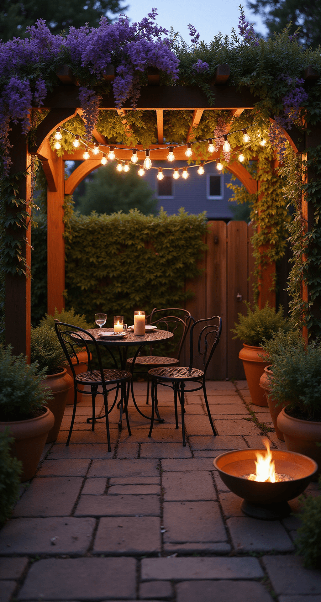 Garden Nook Ideas: Your Ultimate Guide to Creating a Personal Outdoor Sanctuary A romantic dining alcove at twilight featuring a vintage wrought-iron bistro set beneath a wooden pergola adorned with twinkling lights and wisteria vines, flanked by terracotta pots with herbs along a flagstone path, and a glowing copper fire pit, all captured in rich burgundy and copper tones contrasting with deep greens.
