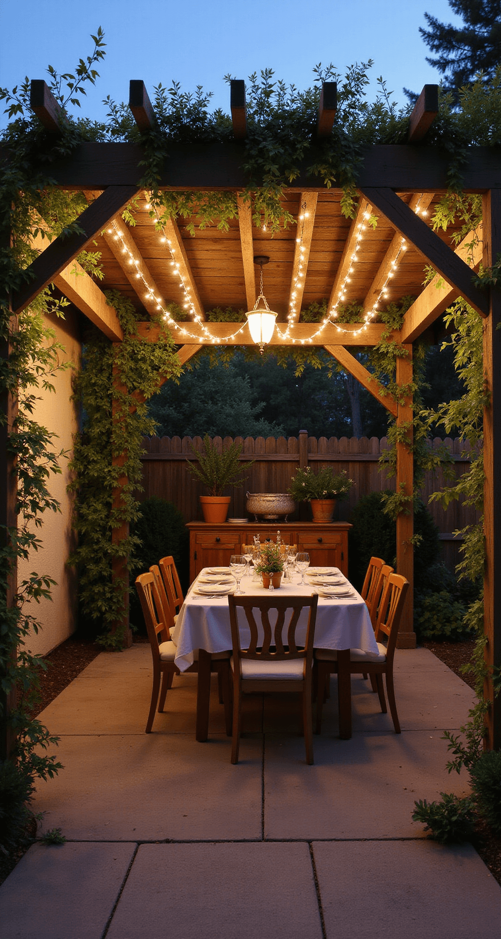 Magical Garden Lighting: Transform Your Outdoor Space After Dark Intimate twilight dining setup under a weathered cedar pergola, adorned with warm white café string lights, featuring a vintage teak dining set for six with cream linens, potted herbs glowing softly, and climbing jasmine framing the structure.
