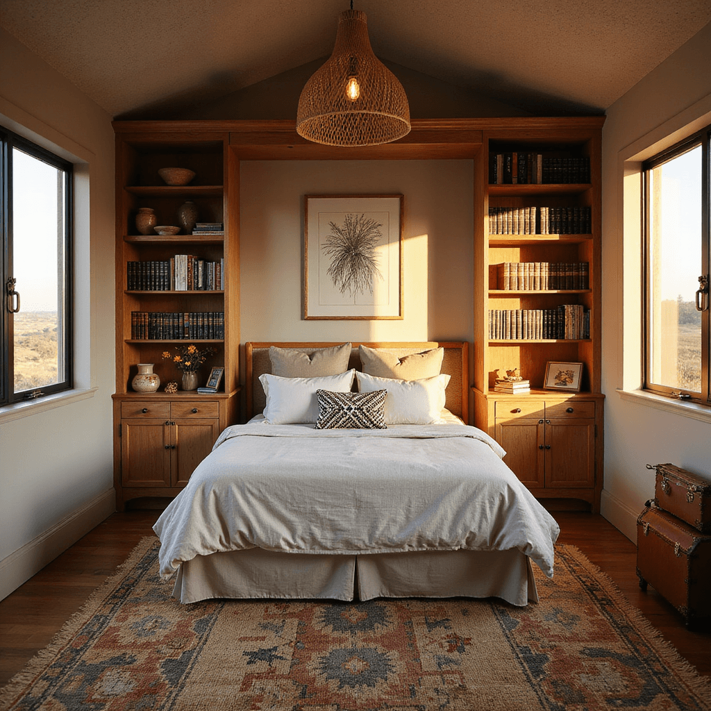 Guest Bedroom Ideas: Crafting the Ultimate Cozy Retreat Cozy guest retreat featuring an upholstered queen bed in oatmeal linen, surrounded by built-in bookshelves, layered vintage kilim rug over seagrass matting, rattan pendant casting shadows, a leather luggage rack, a brass mirror, and locally sourced artwork, captured at golden hour with dramatic side lighting.