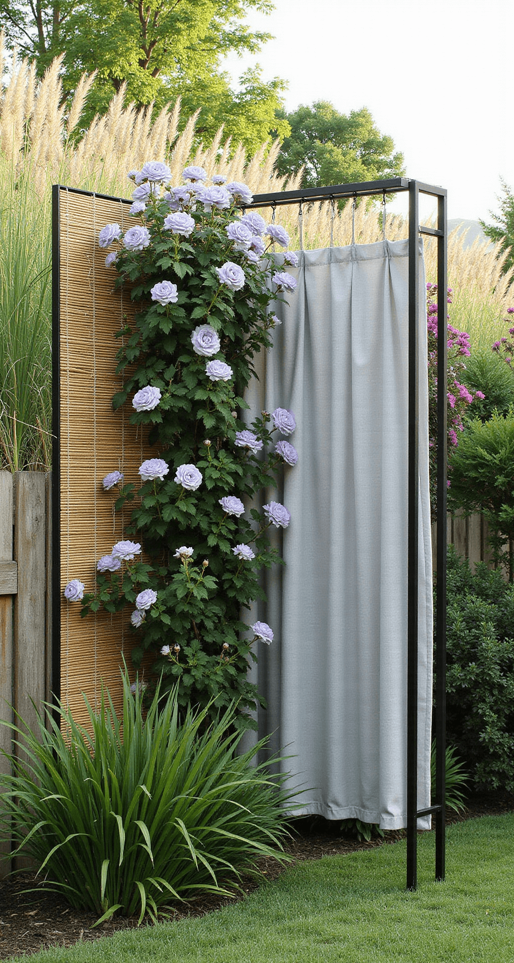 Garden Nook Ideas: Your Ultimate Guide to Creating a Personal Outdoor Sanctuary A lush privacy screen featuring tall ornamental grasses, purple butterfly bush, and white climbing roses on a black metal trellis, with sheer pale gray outdoor curtains and natural bamboo screens, all captured in soft afternoon light with a shallow depth of field.