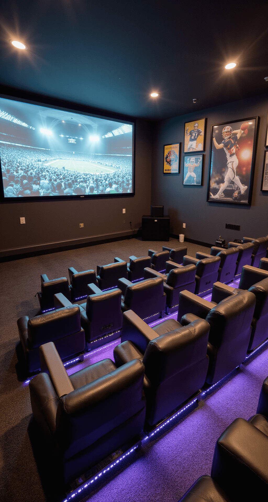Basement Bar Ideas: Your Ultimate Guide to Creating a Showstopping Home Entertainer's Paradise Open concept cinema sports bar featuring a 120-inch projection screen, tiered leather recliners with drink holders, backlit sports memorabilia displays, charcoal sound-absorbing wall panels, and LED strip lighting in team colors, captured in wide-angle with balanced exposure.