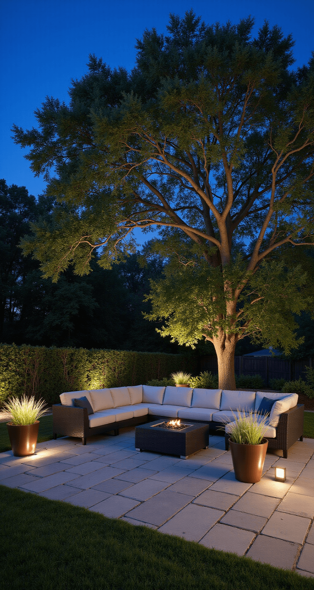 Magical Garden Lighting: Transform Your Outdoor Space After Dark Moonlit garden terrace featuring a 24x18 foot bluestone patio illuminated by downlights in a 30-foot oak canopy, casting dappled light patterns. A modern charcoal gray sectional with ivory cushions is centered in the seating area, surrounded by bronze planters with glowing ornamental grasses, all captured from a seated height.