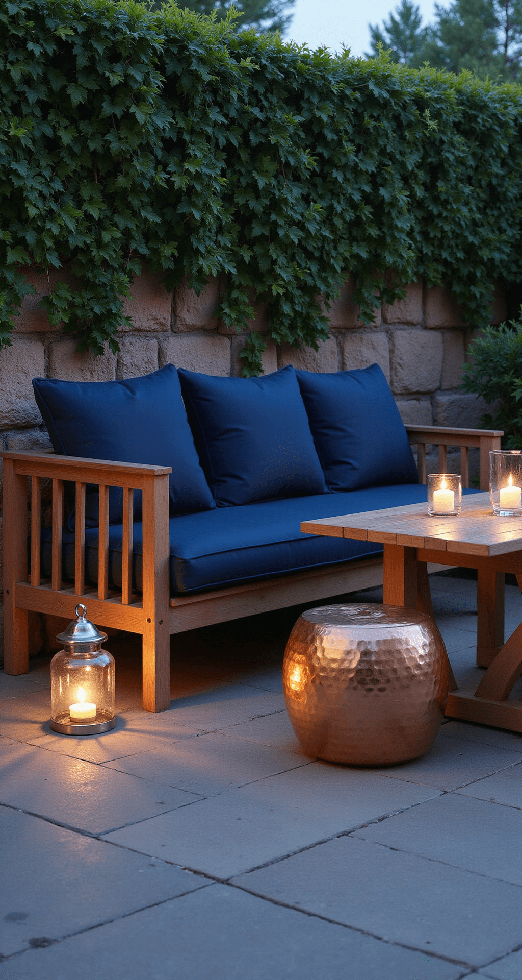 Garden Nook Ideas: Your Ultimate Guide to Creating a Personal Outdoor Sanctuary A tranquil outdoor seating arrangement featuring a weathered teak bench with navy cushions against a stone wall adorned with Boston ivy, flanked by matching ottomans and a hammered copper side table, illuminated by hurricane lanterns with LED candles during the blue hour.