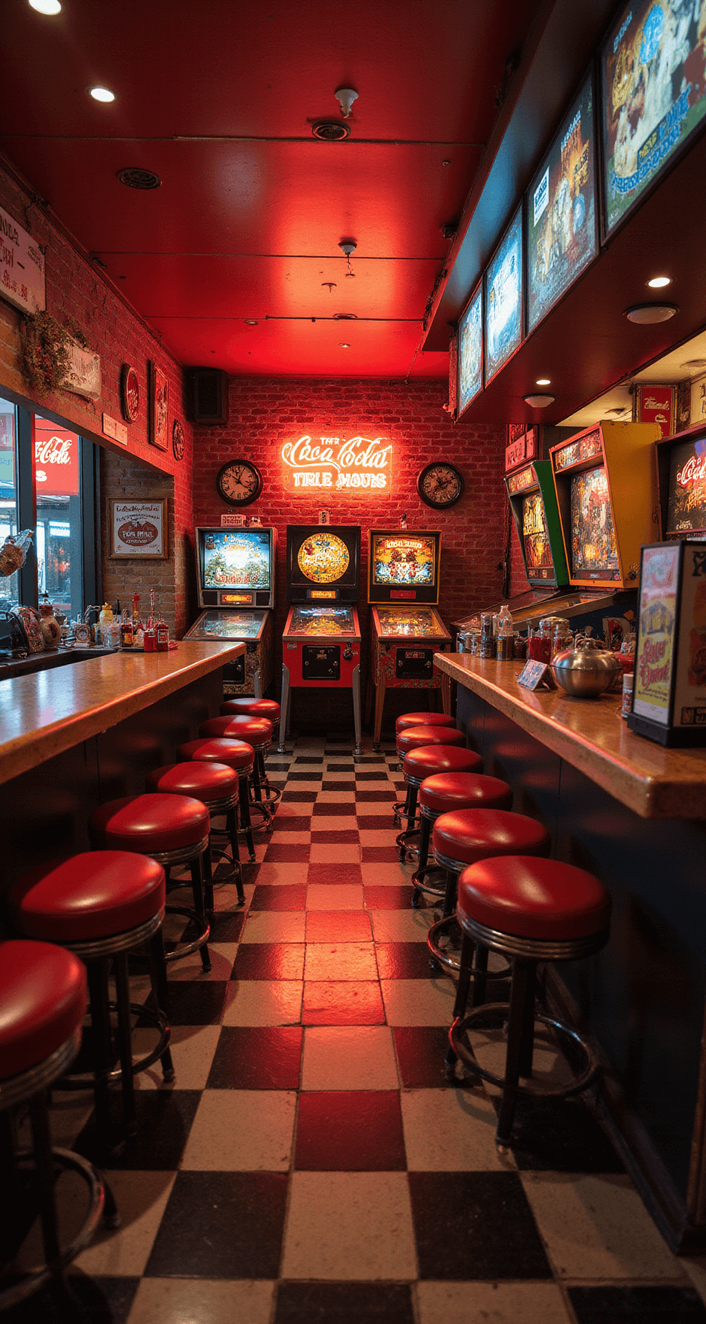 Basement Bar Ideas: Your Ultimate Guide to Creating a Showstopping Home Entertainer's Paradise A vintage game room bar featuring salvaged arcade machines with neon lighting, a restored 1950s diner-style bar with red vinyl stools, and black-and-white checkerboard floor tiles, adorned with vintage pinball machines, Coca-Cola memorabilia, captured from a diagonal angle at standing height.