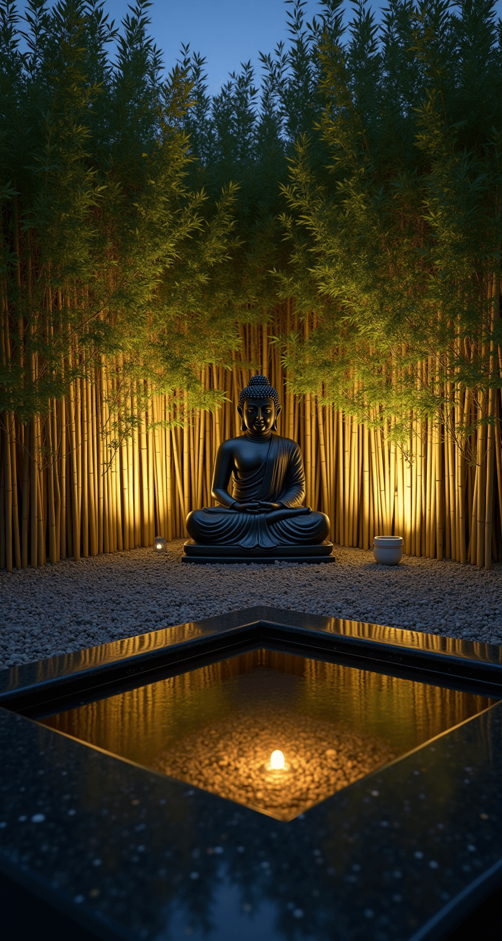 Magical Garden Lighting: Transform Your Outdoor Space After Dark A serene zen garden corner at night featuring a 6-foot Buddha statue surrounded by illuminated bamboo, raked gravel with subtle grazing lights, and a black granite water basin with LED reflections, captured from a low angle to highlight the vertical lines of the bamboo.