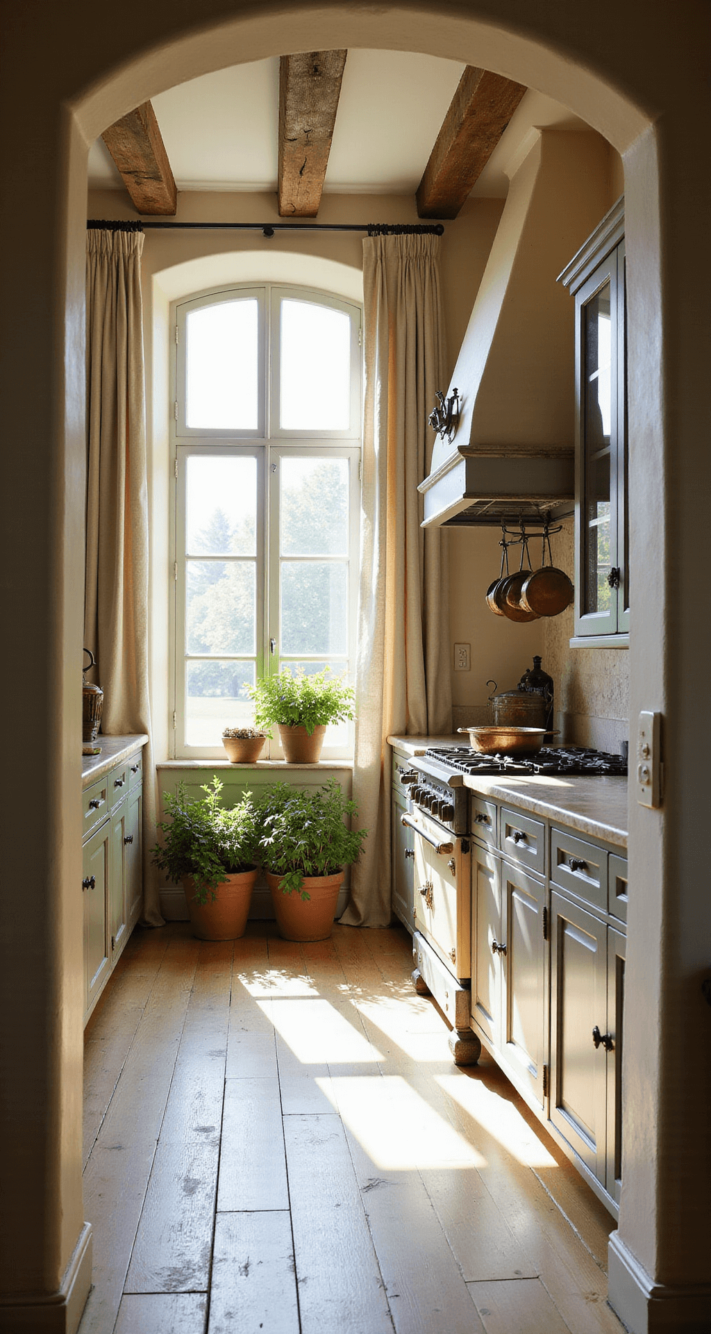 French Kitchen Design: Unveiling the Timeless Charm of Culinary Elegance A sunlit French country kitchen features cream-colored plaster walls, reclaimed oak beams, and a La Cornue range adorned with vintage copper pots, viewed through an arched doorway with natural linen curtains filtering light.