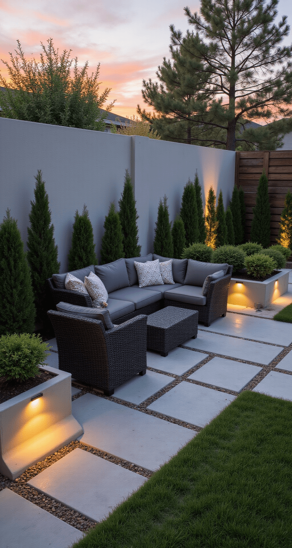 Garden Nook Ideas: Your Ultimate Guide to Creating a Personal Outdoor Sanctuary A low-maintenance 10x10ft garden retreat featuring weather-resistant wicker seating with charcoal gray cushions, evergreen shrubs in concrete planters, built-in LED path lights, and automated irrigation for drought-resistant plants, captured at sunset with backlighting.