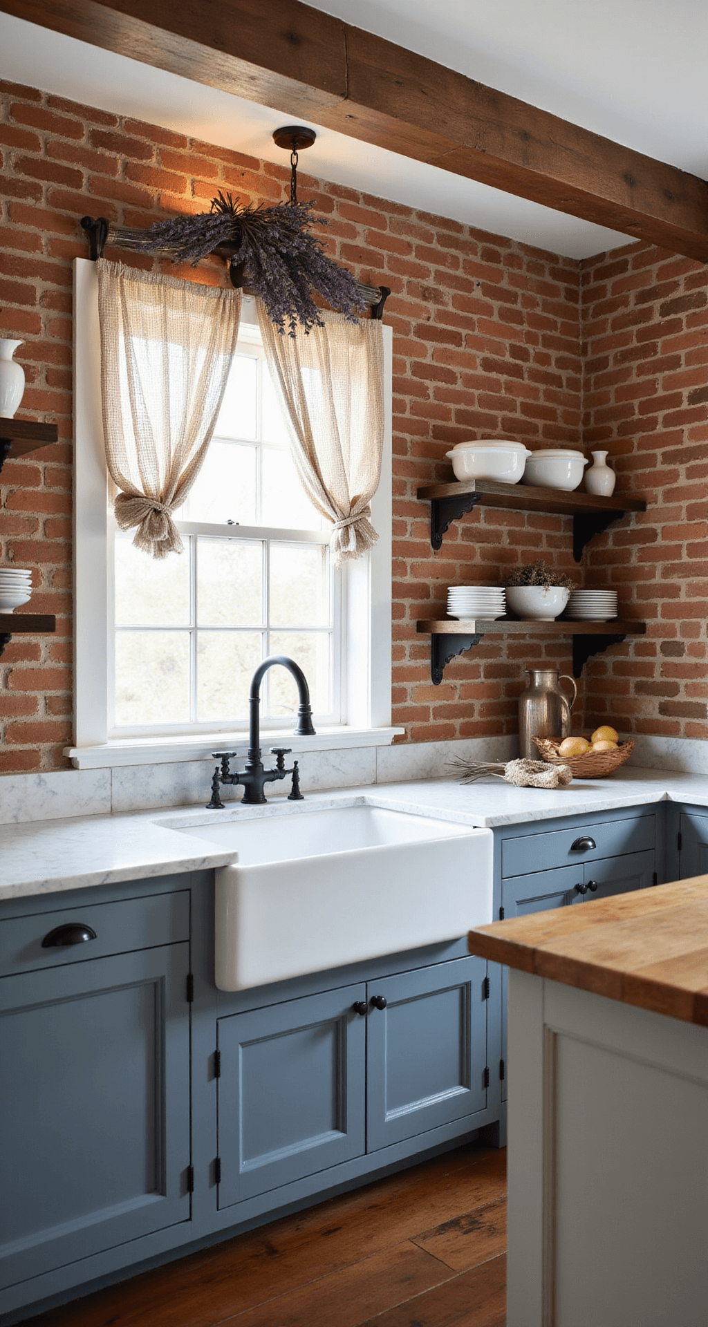 French Kitchen Design: Unveiling the Timeless Charm of Culinary Elegance Corner perspective of a rustic French kitchen featuring exposed brick walls, hand-painted blue-gray cabinets, a farmhouse sink, marble countertops, open shelving with white ironstone and copper vessels, a wrought iron chandelier, and drying lavender bundles, all illuminated by warm golden hour light.