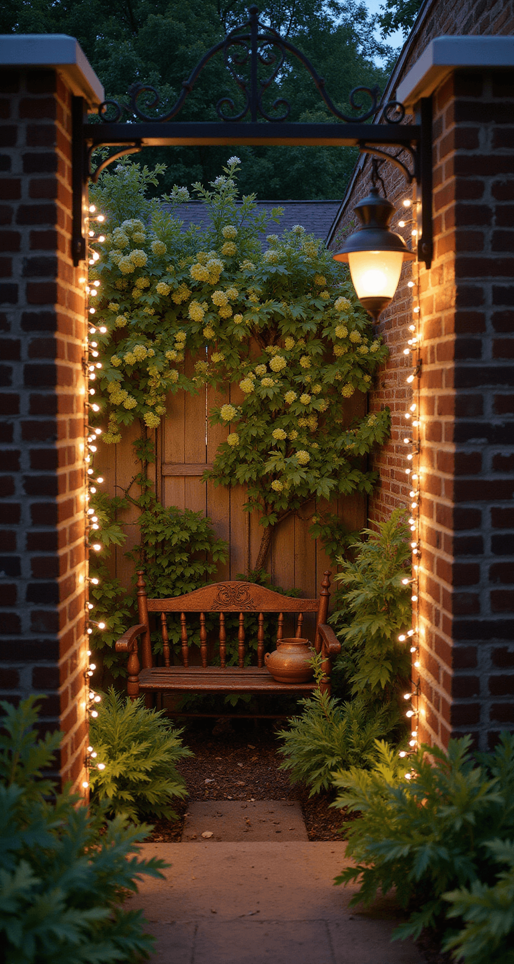 Magical Garden Lighting: Transform Your Outdoor Space After Dark A secret garden nook at night featuring an 8x8 foot brick-walled corner with an antique iron gate, adorned with twinkle lights and climbing hydrangea. A vintage metal bench with copper patina sits beneath a wall-mounted carriage lantern, while foreground herbs in terra cotta pots are softly illuminated by concealed ground lights, viewed through the gate opening.