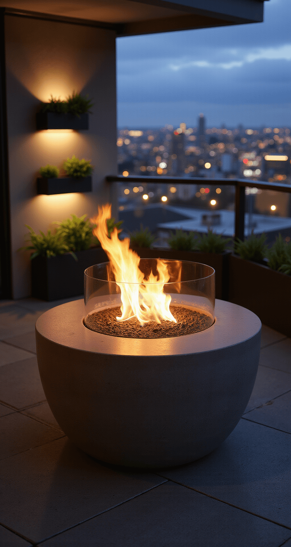 Small Fire Pit Ideas: Transform Your Compact Outdoor Space Close-up of a modern tabletop fire feature in a concrete bowl surrounded by a glass guard, set on a small apartment terrace with minimal matte black furniture and cascading silver falls dichondra planters, illuminated by evening fire glow and city lights in the background.