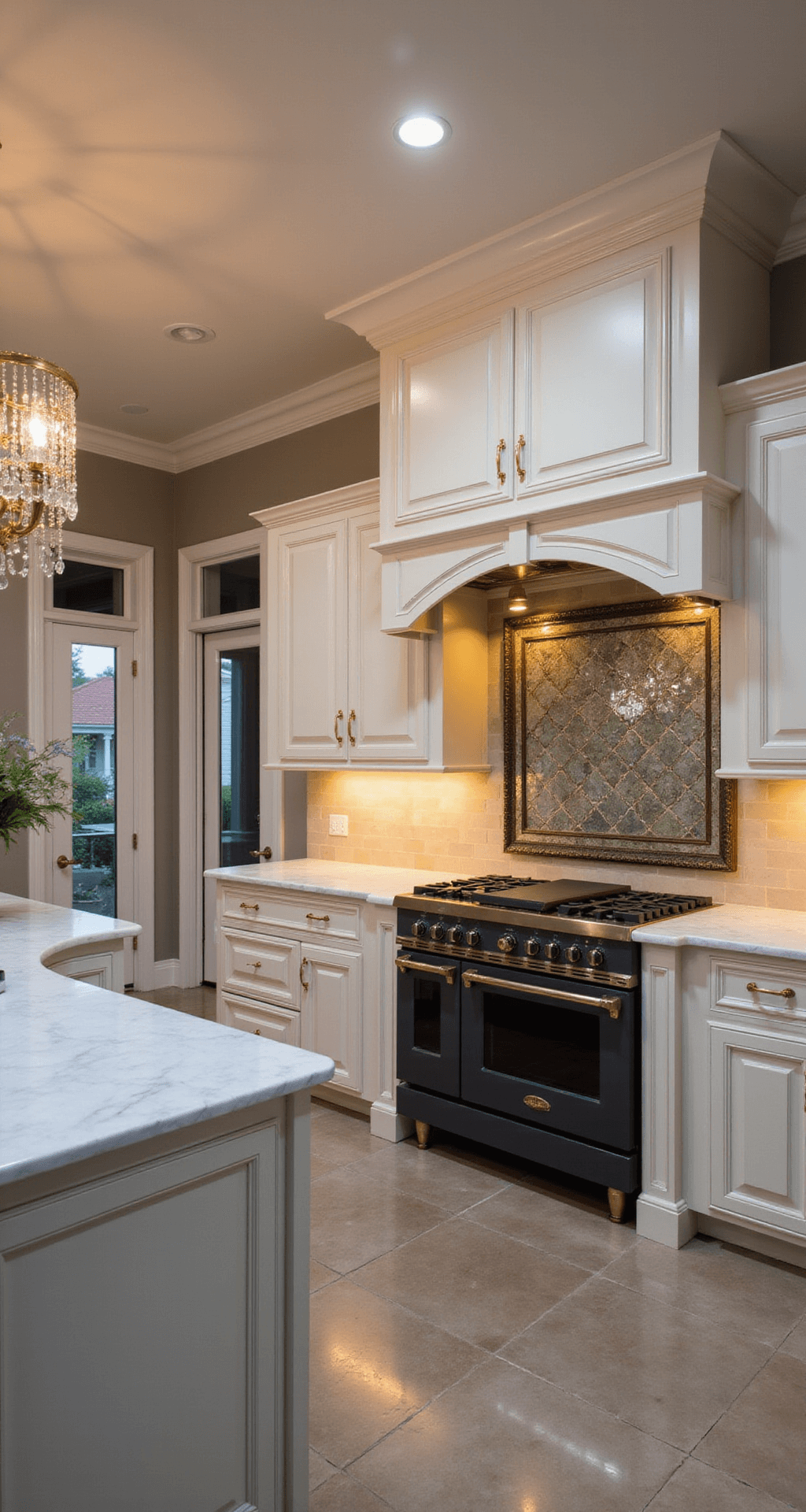 French Kitchen Design: Unveiling the Timeless Charm of Culinary Elegance Elegant French kitchen at dusk, featuring a crystal chandelier, polished limestone floors, cream cabinetry with gilded hardware, a marble-topped island with a brass pot rack, an antique mirror backsplash, and a professional matte black range in an arched alcove.