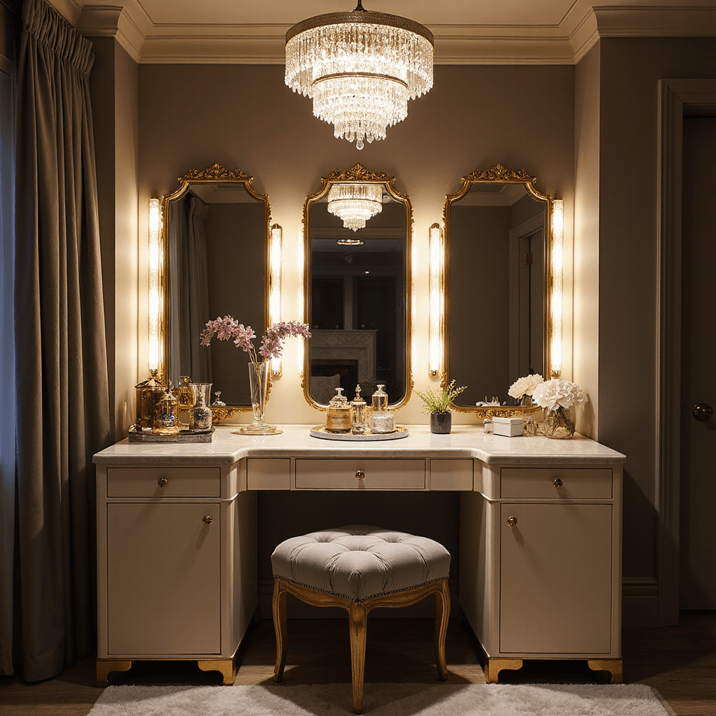 Bedroom Vanity Ideas: Your Ultimate Guide to Creating a Stunning Personal Space Glamorous Hollywood-style vanity in a master suite featuring cream lacquer with gold accents, plush grey velvet chair, dramatic lighting, crystal chandelier, and luxe accessories, creating a sophisticated atmosphere.
