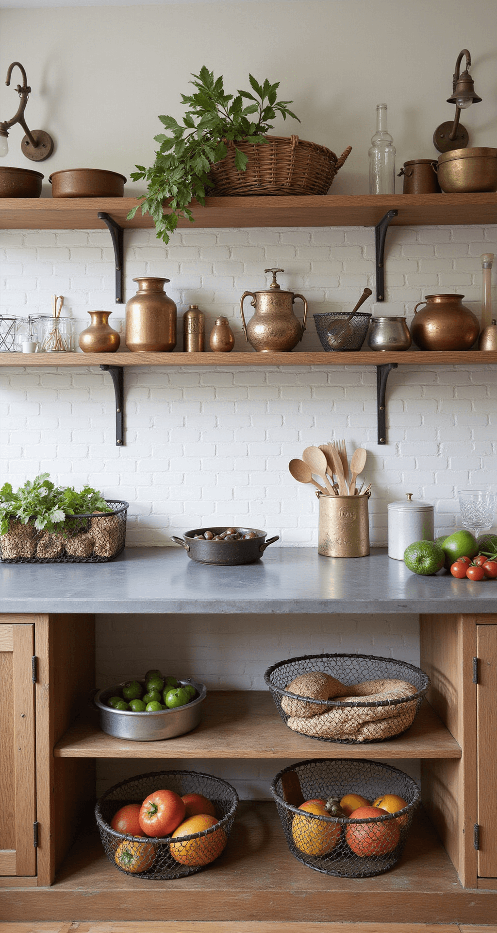 French Kitchen Design: Unveiling the Timeless Charm of Culinary Elegance Close-up view of a traditional French kitchen workstation featuring a zinc countertop with patina, open shelving in reclaimed oak, copper molds, vintage utensils, white subway tiles with gray grout, fresh market produce in wire baskets, and aged brass sconces in morning light.