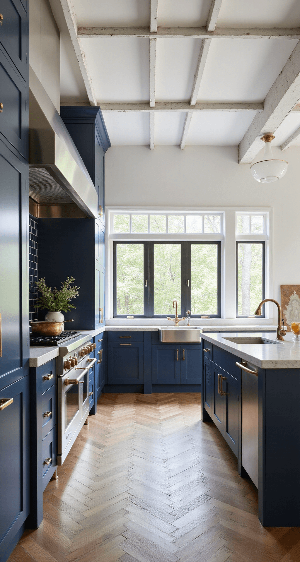 French Kitchen Design: Unveiling the Timeless Charm of Culinary Elegance Bright modern French kitchen featuring navy blue cabinets, quartzite countertops, vintage copper pans, and herringbone oak floors, illuminated by natural light from steel-framed windows and a vaulted ceiling with whitewashed beams.