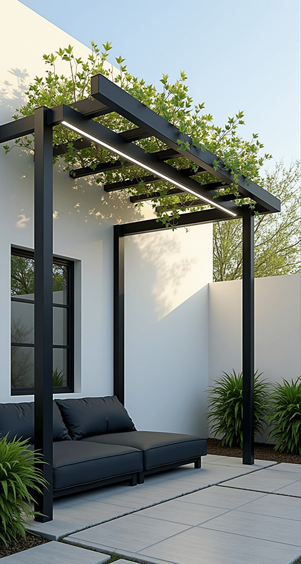 Garden Arbors: Your Ultimate Guide to Creating Magical Outdoor Spaces Modern metal arbor with matte black aluminum frame and integrated LED strips in a minimalist courtyard, featuring young jasmine vines and contemporary charcoal lounge seating, captured in sharp focus against white stucco walls.