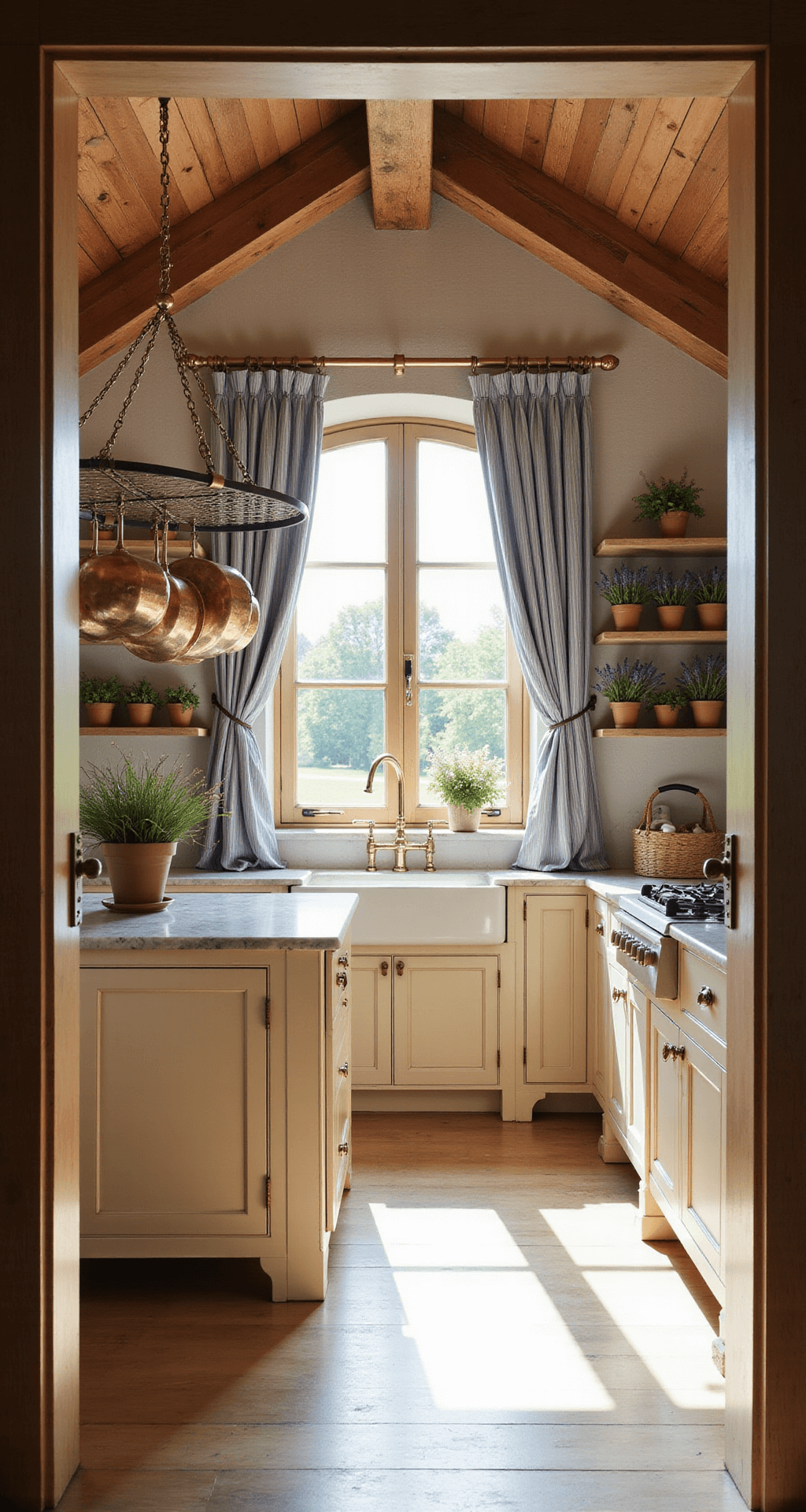 Create Your Dream French Country Kitchen: An Essential Design Guide A spacious French country kitchen bathed in golden hour light, featuring exposed wooden beams, a creamy white marble-topped island, soft beige cabinets, and a farmhouse sink with blue-striped curtains, all adorned with terracotta pots of fresh lavender.