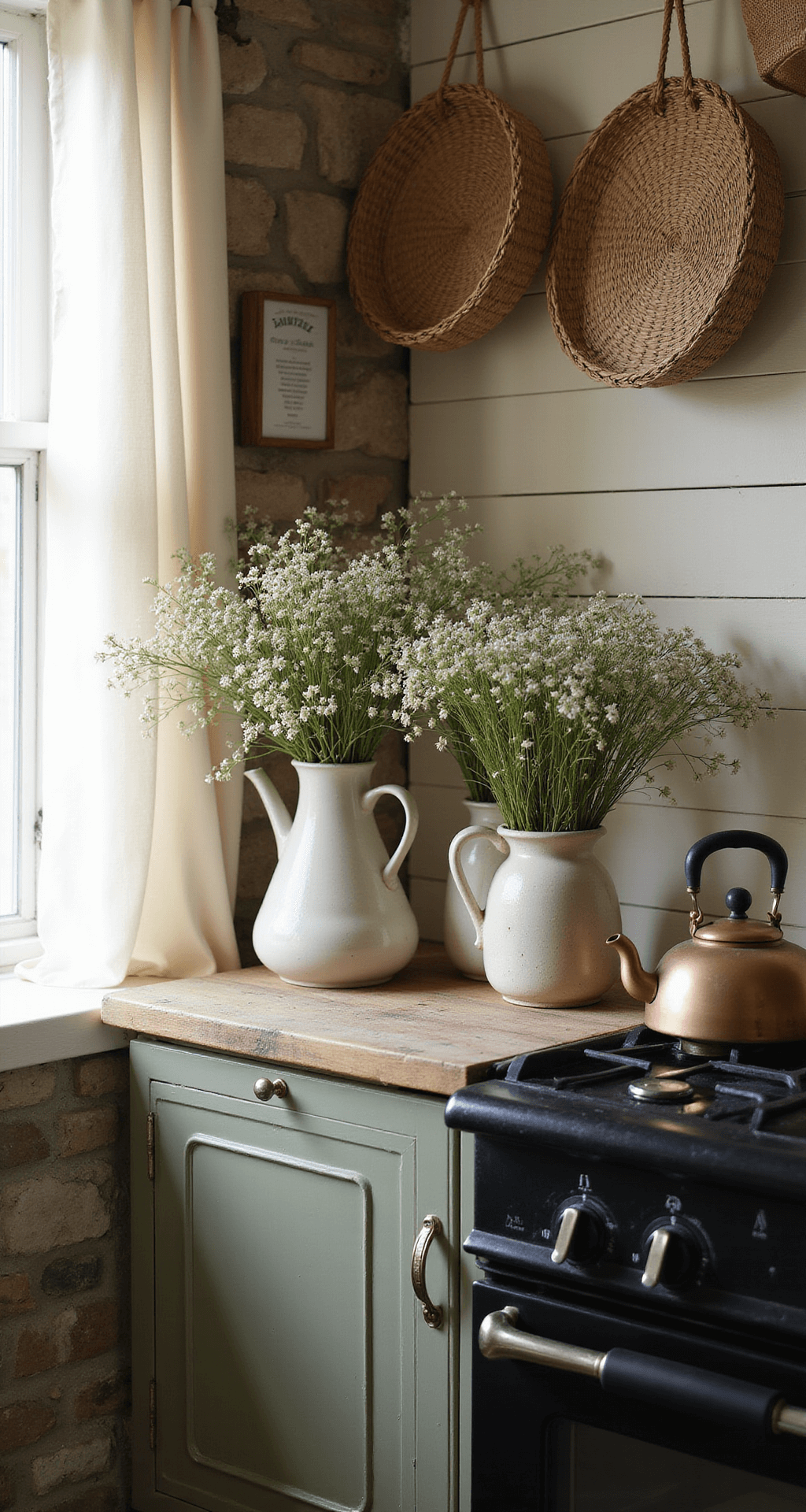 Create Your Dream French Country Kitchen: An Essential Design Guide Intimate morning scene of a French country kitchen corner with early light filtering through sheer curtains onto a weathered oak table adorned with vintage ceramic pitchers filled with wildflowers, rough stone wall, cream shiplap, hanging woven baskets, and a copper tea kettle on a vintage range.