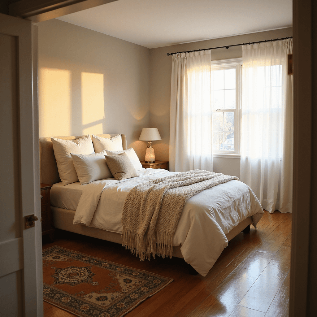 How to Create the Ultimate Cozy Bedroom Retreat: Your Personal Sanctuary Awaits A serene bedroom at golden hour, featuring a king bed with cream linens and a chunky ivory throw, surrounded by soft pillows. Warm oak floors showcase a vintage Persian rug, while brass lamps and a Himalayan salt lamp create a cozy, ambient glow.