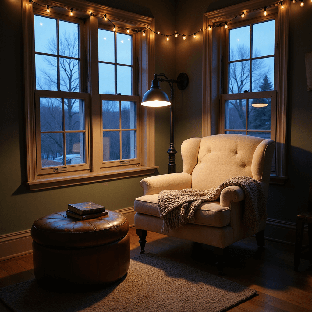 How to Create the Ultimate Cozy Bedroom Retreat: Your Personal Sanctuary Awaits Cozy reading nook at dusk featuring an oversized oatmeal bouclé armchair under a black industrial sconce, a weathered leather ottoman with open books, string lights outlining leaded glass windows, and a macro view of a knitted throw's texture in the foreground, all bathed in a mix of cool blue twilight and warm indoor lighting.