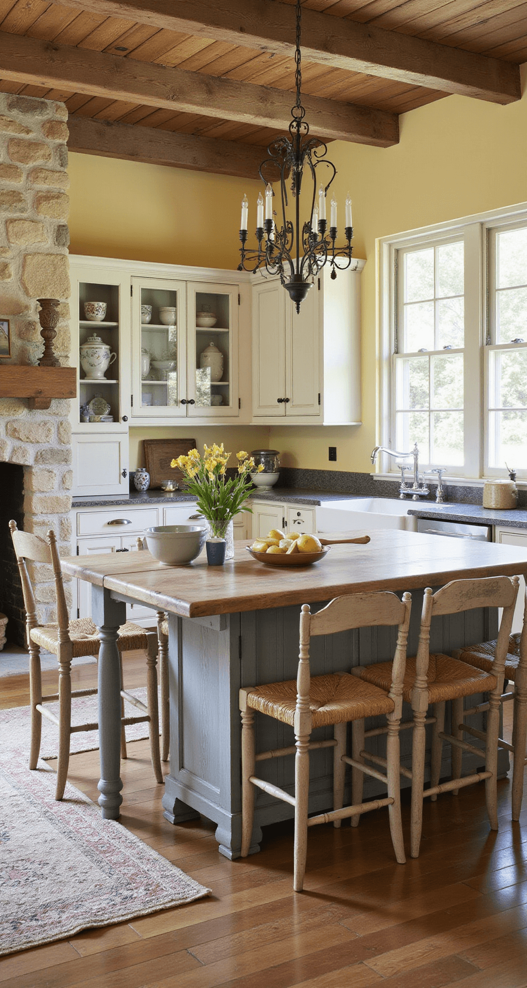 Create Your Dream French Country Kitchen: An Essential Design Guide L-shaped French country kitchen with a floor-to-ceiling stone fireplace, rustic wooden beams, vintage chandelier, white-washed cabinets displaying ceramics, large island with butcher block top, woven rush bar stools, and soft yellow walls illuminated by natural light.