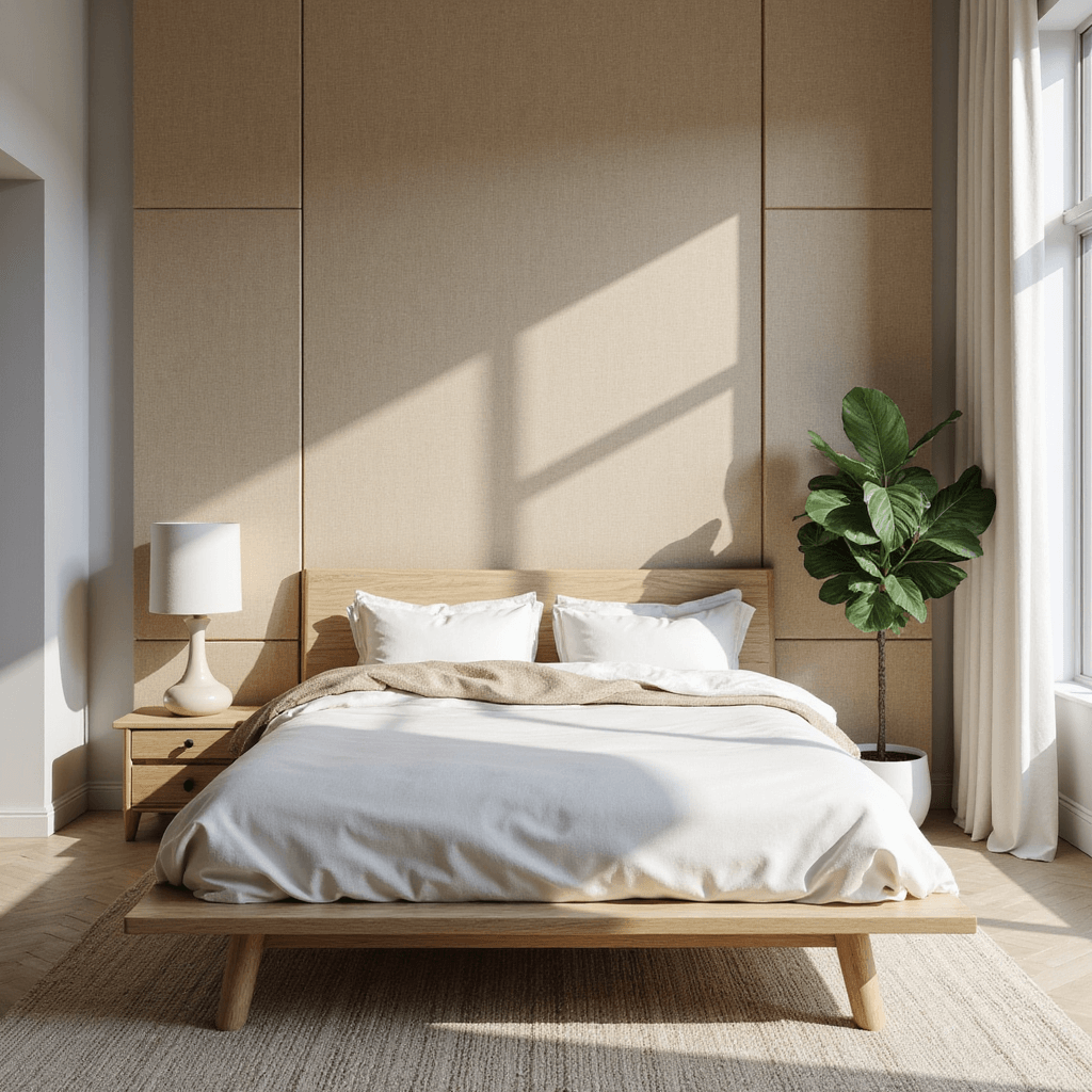 How to Create the Ultimate Cozy Bedroom Retreat: Your Personal Sanctuary Awaits A minimalist bedroom sanctuary featuring a California king platform bed in bleached oak, layered with white and cream linens, against a textured grasscloth accent wall. Morning light floods through floor-to-ceiling windows, highlighting a potted fiddle leaf fig and ceramic bedside lamps with linen shades in a symmetrical composition.