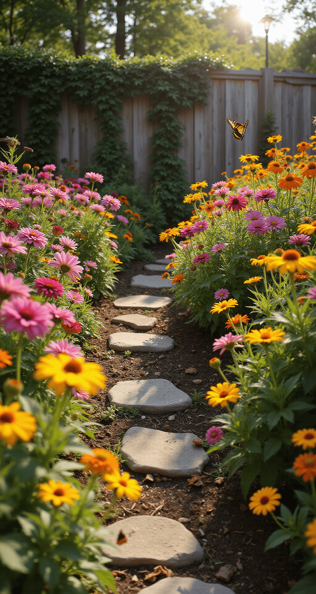 Wildflower Gardens: Creating a Vibrant, Eco-Friendly Landscape A vibrant backyard garden at golden hour features a wildflower patch bursting with Black-eyed Susans, Zinnias, and Cosmos, illuminated by soft light that highlights dewdrops on petals. A winding stone pathway leads through colorful blooms in shades of yellow, magenta, and coral pink against lush green foliage, with butterflies fluttering nearby and a wooden fence adorned with climbing nasturtiums in the background.