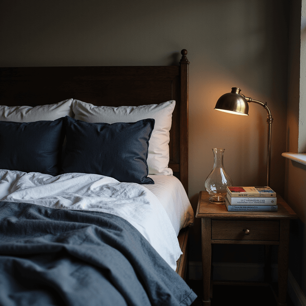 How to Create the Ultimate Cozy Bedroom Retreat: Your Personal Sanctuary Awaits A cozy bedroom scene viewed from above, featuring rumpled white cotton sheets and a charcoal linen duvet, accented with vintage indigo throw pillows. A bedside table holds stacked art books, a crystal carafe, and a brass task lamp, all illuminated by warm puck lights that enhance the textured walls and create a rich, intimate atmosphere.