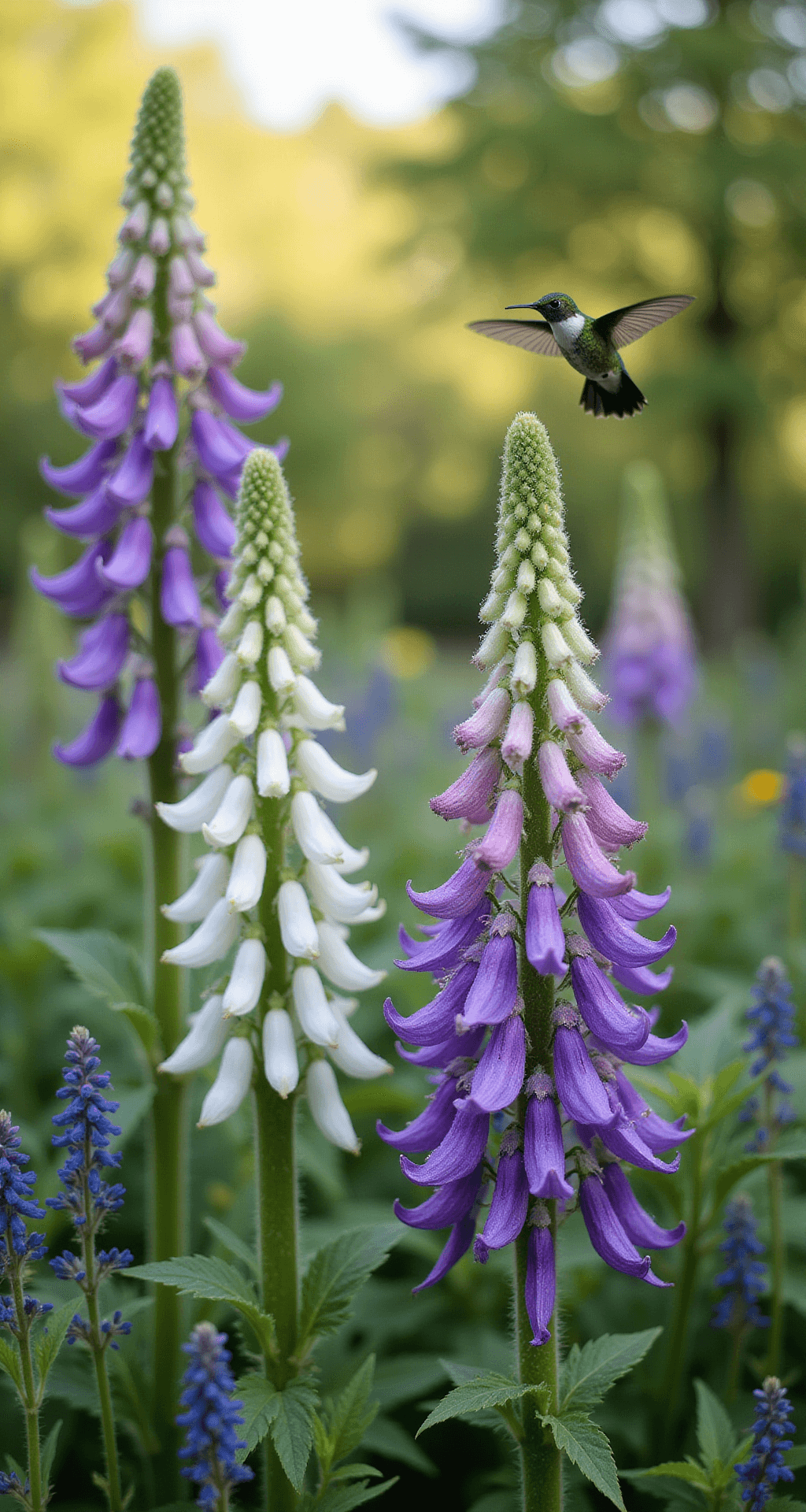 Wildflower Gardens: Creating a Vibrant, Eco-Friendly Landscape Close-up of a garden vignette featuring layered wildflowers with tall Cleome spires behind shorter purple and white Columbine blooms, showcasing fuzzy plant stems, delicate petals, and morning dew, with a hummingbird hovering near tubular flowers and a natural bokeh effect in the background.