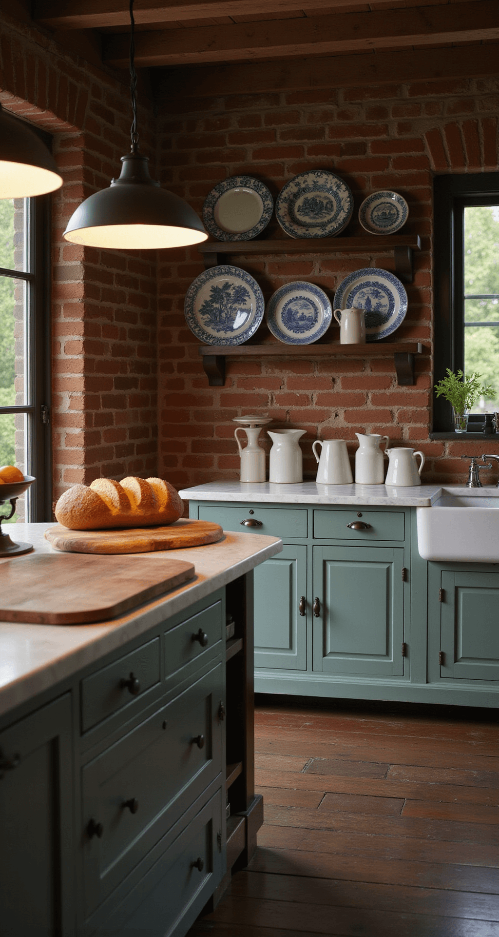 Create Your Dream French Country Kitchen: An Essential Design Guide Cozy French country kitchen featuring a marble island with fresh bread, a vintage scale with seasonal fruit, ceramic pitchers by the farmhouse sink, and a plate rack showcasing blue and white transferware, all under warm pendant lighting against an exposed brick wall.