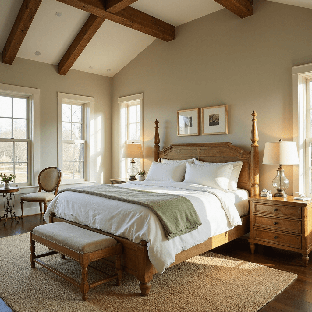 How to Create the Ultimate Cozy Bedroom Retreat: Your Personal Sanctuary Awaits A wide-angle view of a master bedroom showcasing a king bed with white linens and a sage green throw, surrounded by weathered oak nightstands with mercury glass lamps, under a 16ft tray ceiling with exposed beams, illuminated by golden afternoon sunlight, with a jute rug layered over seagrass.