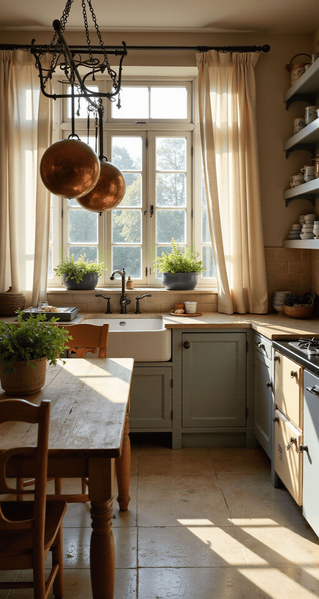 French Cottage Kitchen: Your Ultimate Design and Styling Guide A sunlit French cottage kitchen with a weathered oak farmhouse table, vintage copper pots hanging above a cream AGA range, and open shelving showcasing muted blue and white ceramics, all captured from a low corner angle at golden hour.