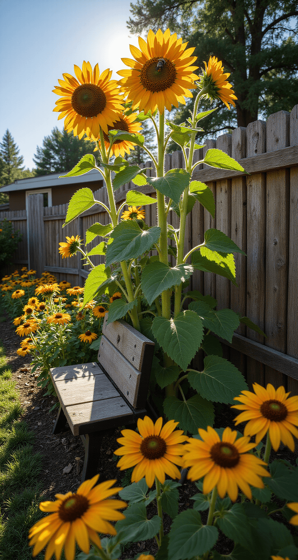 Wildflower Gardens: Creating a Vibrant, Eco-Friendly Landscape A vibrant garden scene captured at eye level, featuring a 15x20ft wildflower border along a rustic wooden fence. Towering sunflowers at 6ft are surrounded by blooms of varying heights, creating a colorful display with strong backlighting illuminating the petals. A garden bench is nestled among the flowers, serving as a focal point, while deep shadows provide dramatic contrast. Honey bees are seen buzzing around the flower heads, enhancing the lively atmosphere.