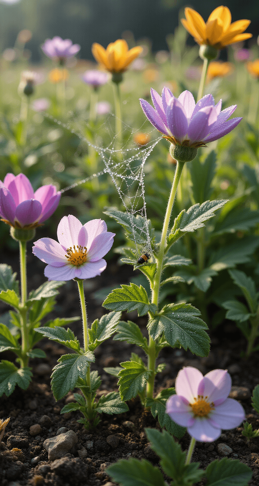 Wildflower Gardens: Creating a Vibrant, Eco-Friendly Landscape Close-up view of a 5x5ft garden section at dawn, featuring self-seeded wildflowers with dew-covered cobwebs, illuminated by soft morning light. The rich soil texture is visible among the plants, showcasing a color palette of earth tones and jewel-toned blooms, with small beneficial insects perched on the leaves.