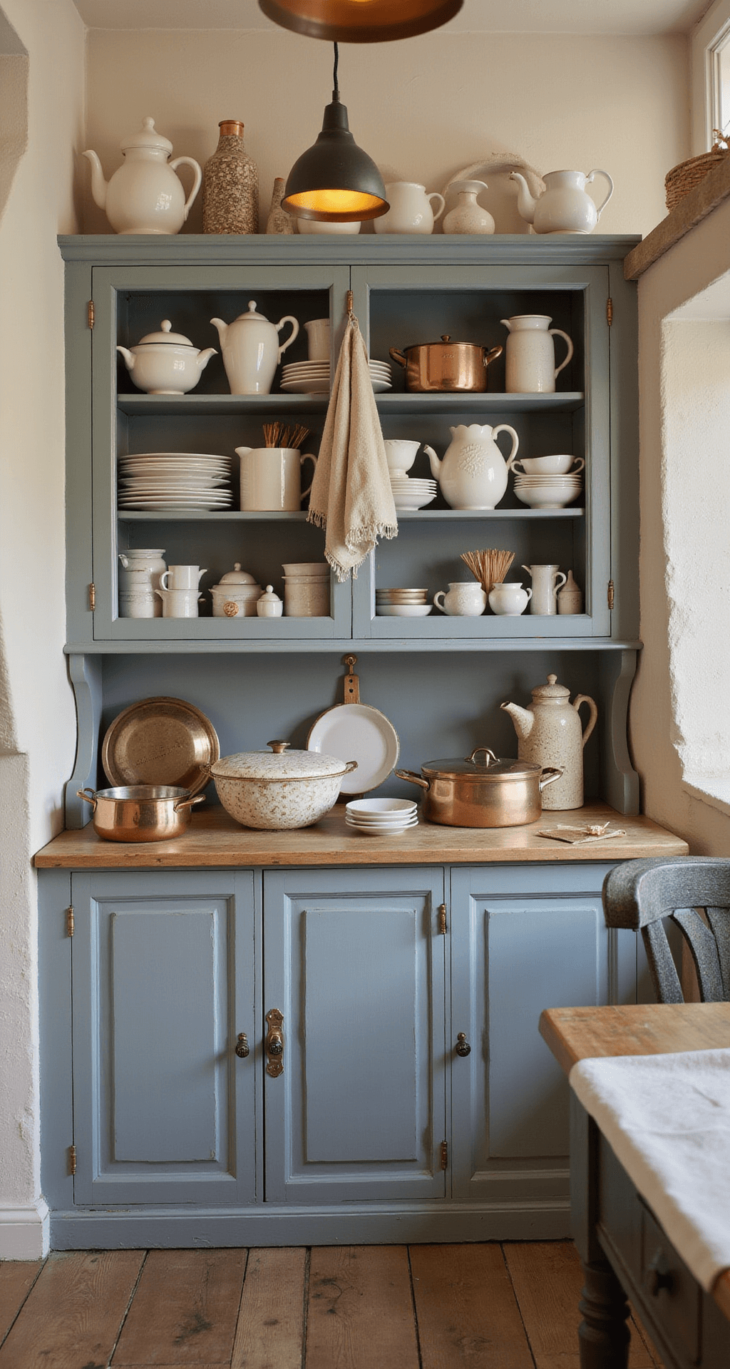 French Cottage Kitchen: Your Ultimate Design and Styling Guide Detail view of a cozy French cottage kitchen corner at dusk, featuring a vintage hutch in chalky blue-gray showcasing collections of ironstone and earthenware, with copper cookware reflecting warm pendant lighting. Natural linen tea towels hang from rustic brass hooks, against lime-washed ivory walls and aged oak floors, all creating an inviting evening ambiance reminiscent of candlelight.