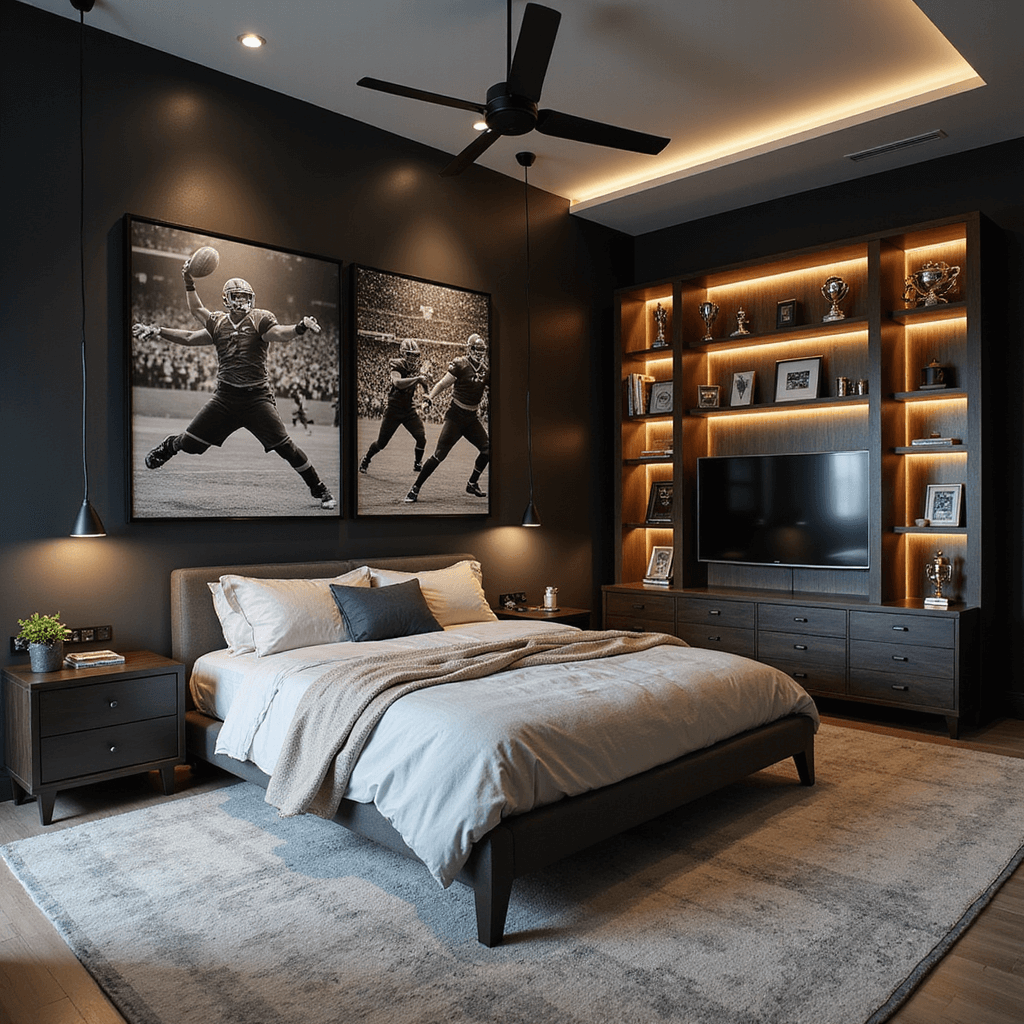 Creative Boy Bedroom Ideas That Grow with Your Child A contemporary bedroom featuring a charcoal accent wall with oversized sports photography, custom geometric shelving in team colors displaying trophies, a queen bed with a performance fabric headboard, ambient LED lighting behind a floating media console, and hexagonal wall tiles, all captured from an elevated corner perspective.