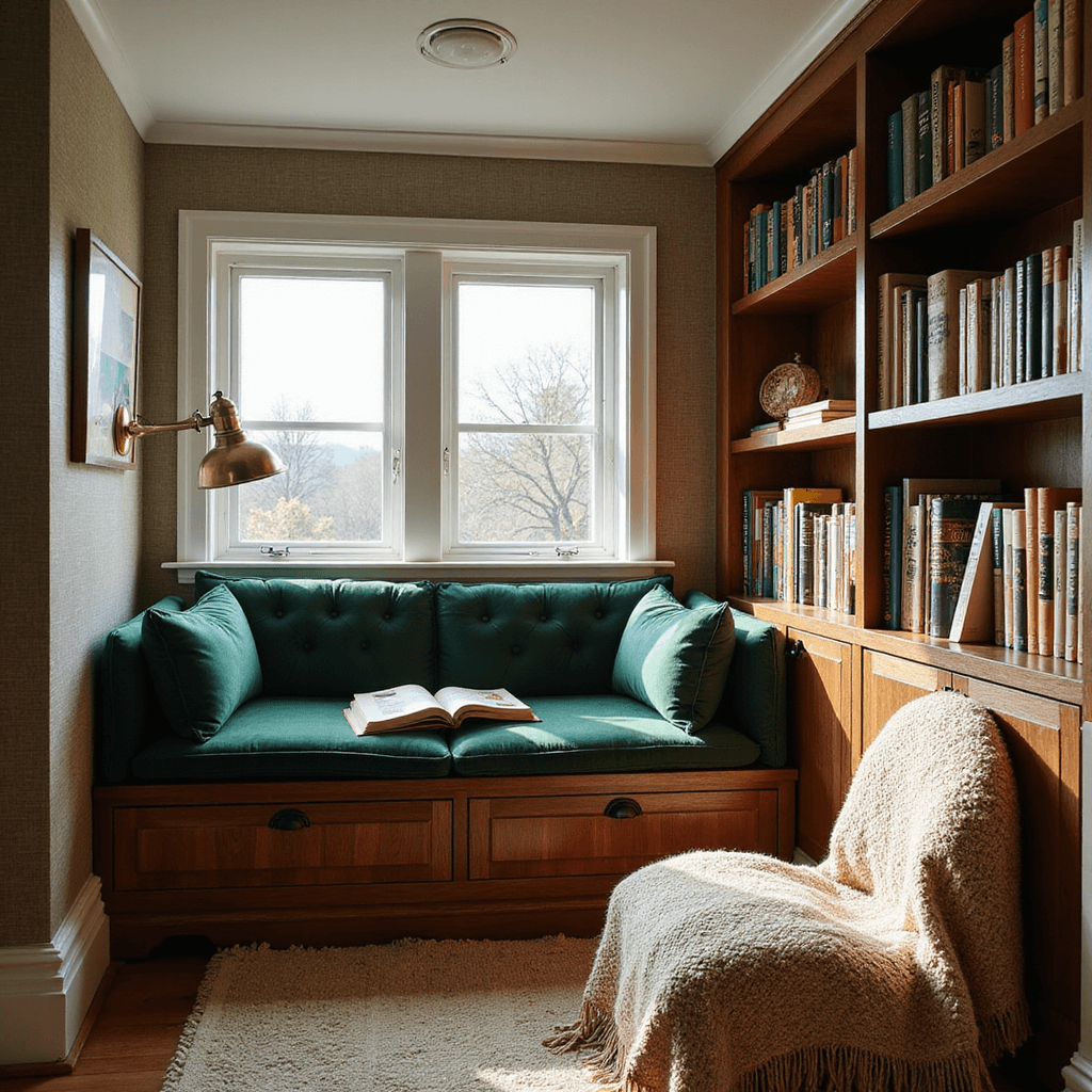 Creative Boy Bedroom Ideas That Grow with Your Child A cozy reading nook featuring a built-in window seat with green velvet cushions, illuminated by late afternoon sunlight. Floating walnut shelves display a color-coded book collection, and a vintage brass lamp provides task lighting, all against a backdrop of grasscloth wallpaper and a handwoven wool throw.