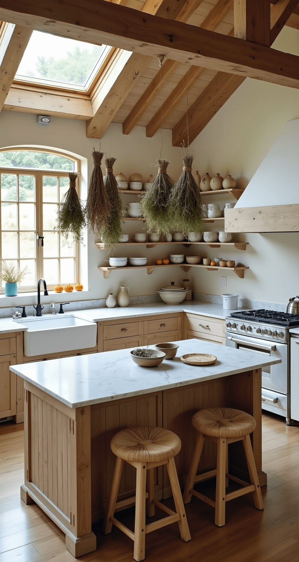 French Cottage Kitchen: Your Ultimate Design and Styling Guide Overhead view of a sunlit French country kitchen workspace featuring a marble-topped island with a weathered oak base, surrounded by rush-seated stools, dried herb bundles hanging from wooden beams, and earthenware crocks against warm white plastered walls, showcasing a harmonious blend of natural woods and Provençal blue accents.