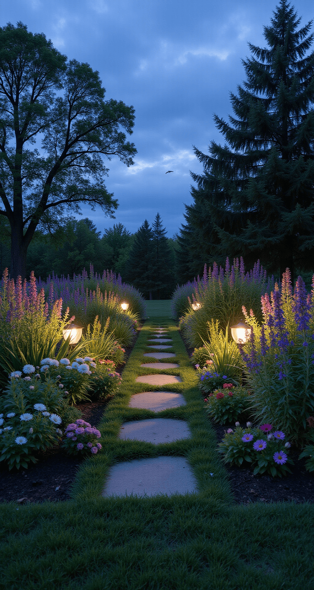 Wildflower Gardens: Creating a Vibrant, Eco-Friendly Landscape A wide-angle view of a twilight garden panorama featuring a naturalistic wildflower meadow transitioning from a manicured lawn, with solar path lights illuminating stepping stones, varied flower silhouettes against a deep blue sky, moths fluttering between muted blooms, and garden art pieces nestled among the flowers.