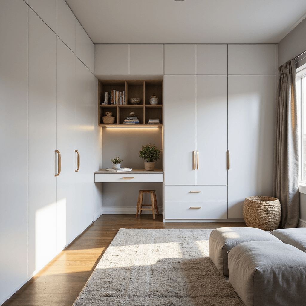 Creative Boy Bedroom Ideas That Grow with Your Child Wide-angle view of a 10x12ft bedroom featuring innovative storage solutions, including a floor-to-ceiling matte white modular closet, a hidden Murphy desk from custom millwork, geometric storage ottomans, and integrated LED lighting, all enhanced by cool morning light.