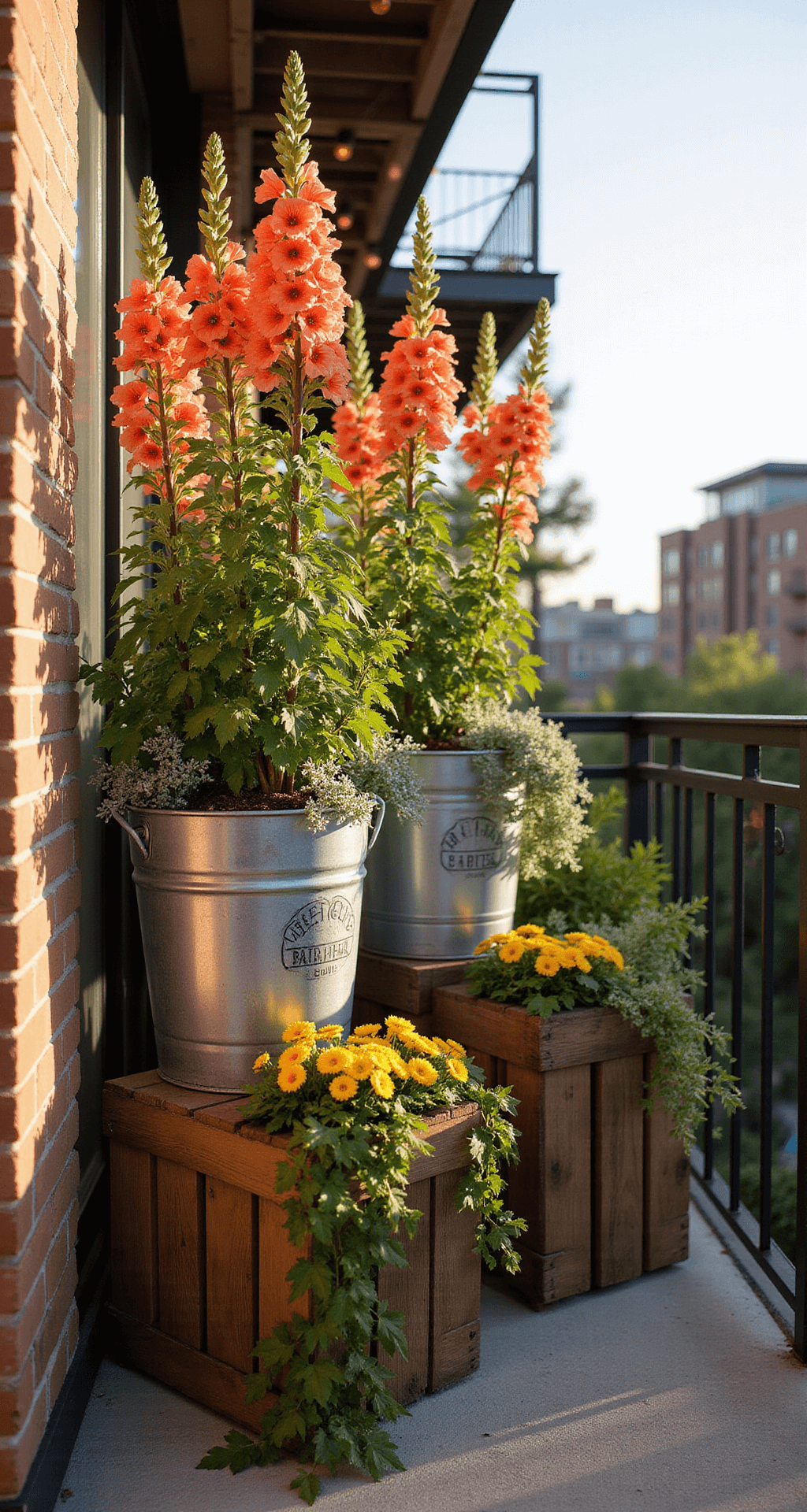 Container Gardening: Transform Your Space with Portable Greenery A sunlit urban balcony filled with vibrant coral snapdragons, cheerful butter-yellow penny violas, and cascading silver-green ivy, all arranged in galvanized metal buckets and vintage wooden crates, with warm copper string lights enhancing the modern rustic atmosphere against a textured concrete floor.