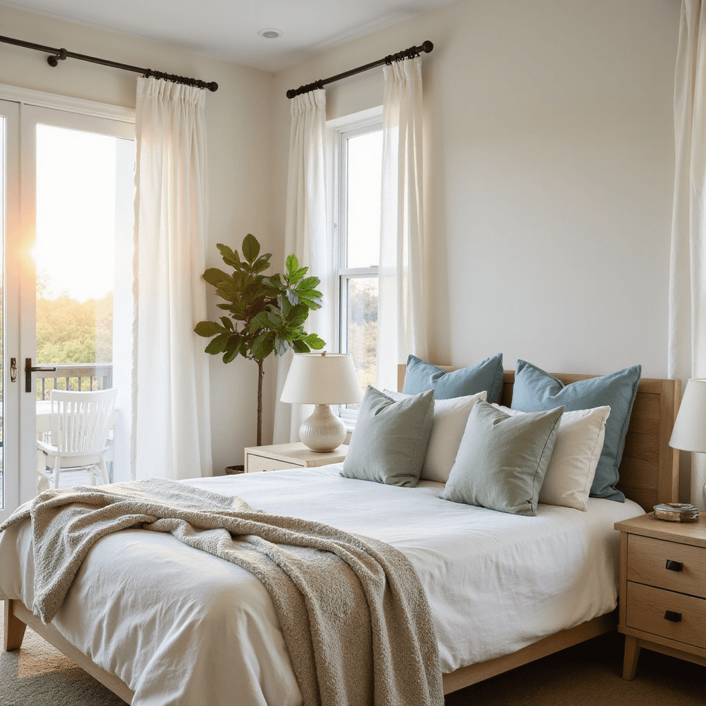 Bedroom Decor Ideas: Transform Your Sleep Sanctuary with Style and Comfort A sunlit bedroom featuring a cloud-like king bed, flowy white curtains, and pale blue accents, captured at golden hour for a dreamy atmosphere.