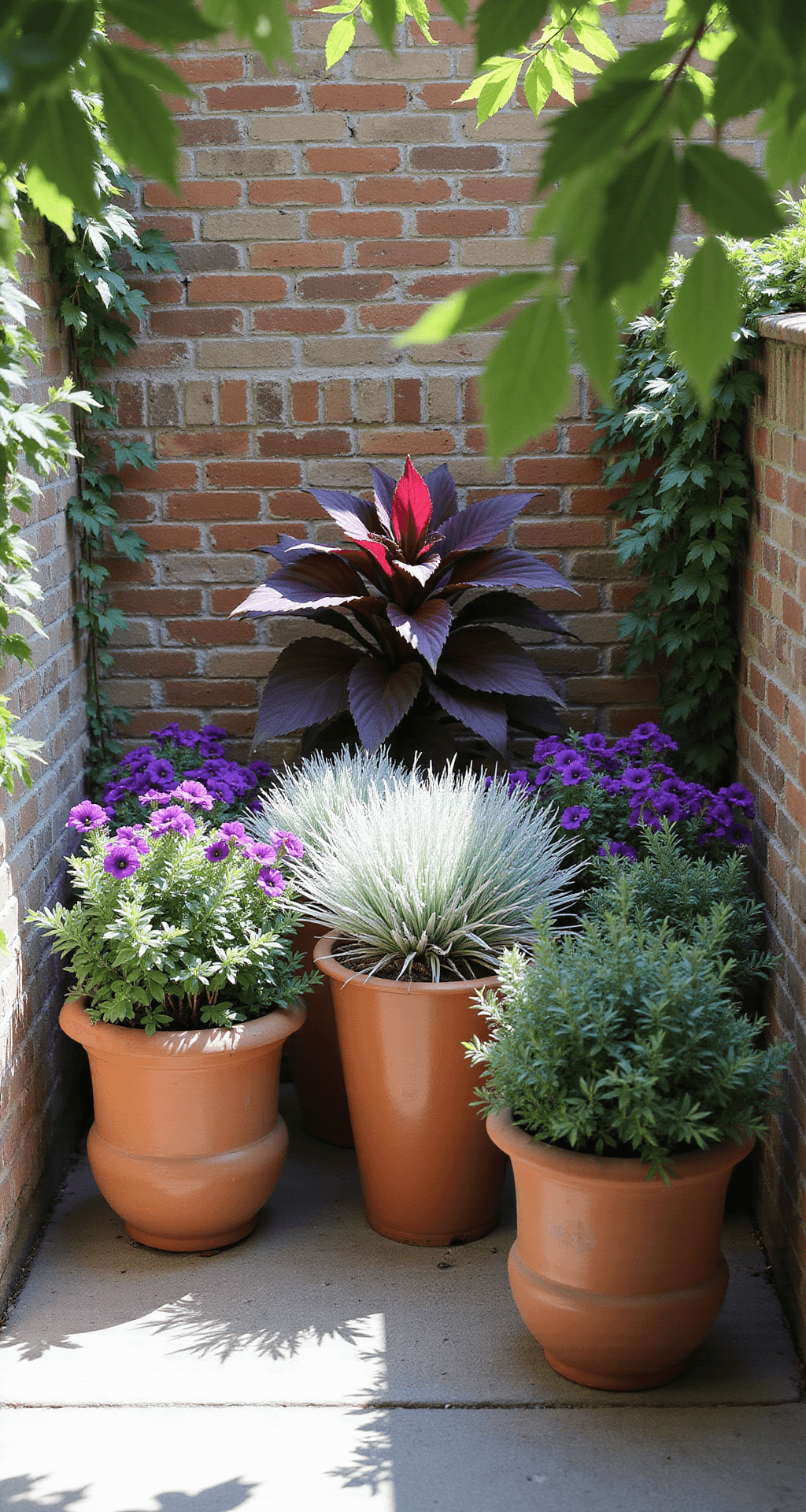 Container Gardening: Transform Your Space with Portable Greenery Intimate courtyard patio featuring mismatched European-style terracotta planters with tall burgundy coleus, white 'Diamond Frost' euphorbia, and purple petunias, against a weathered brick wall, captured in soft midday light with dappled shade.