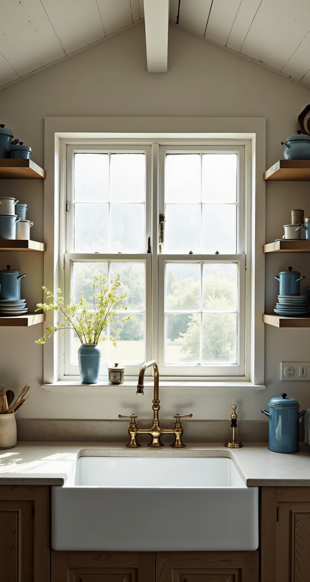 French Cottage Kitchen: Your Ultimate Design and Styling Guide A cozy kitchen scene featuring a farmhouse sink under mullioned windows, aged brass fixtures catching morning light, white pitched ceilings with rough-hewn beams, open shelving displaying vintage blue and white enamelware, and linen cafe curtains filtering sunlight onto limestone counters, all captured with a shallow depth of field.
