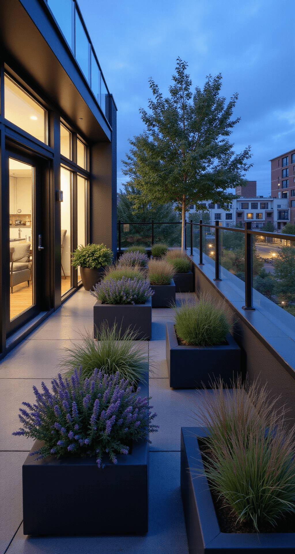 Container Gardening: Transform Your Space with Portable Greenery A contemporary rooftop garden in blue hour featuring sleek matte black IKEA planters in geometric arrangements, vibrant ornamental grasses, purple verbena, and silver dichondra. The polished concrete floor reflects ambient light, complemented by a modern glass railing, creating a sophisticated urban retreat.